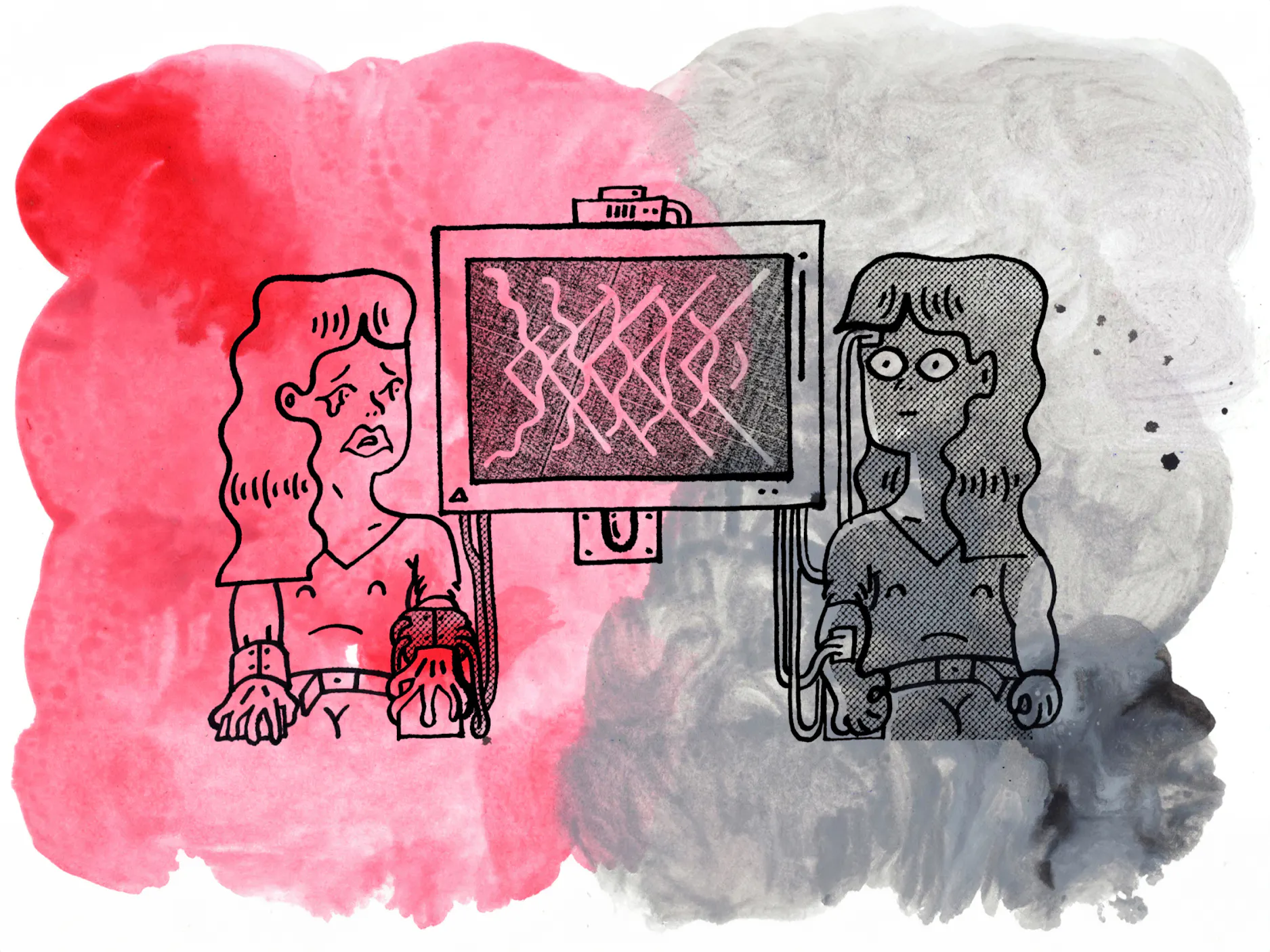 Ilustracija dveh žensk, ki sedita vsaka na svoji strani naprave, na katero sta priklopljeni